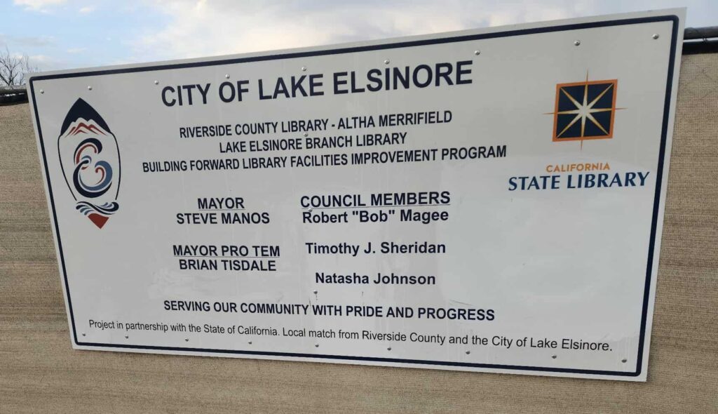 Sign at the construction site of a public works project to build a new library in Riverside County, CA